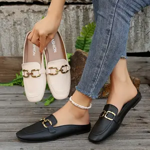 Women's Square Toe Flat Mules, Metallic Buckle Decorated Slip-On Backless Loafers, Fashionable Outdoor Slippers Set viral comfort shoes  trend
