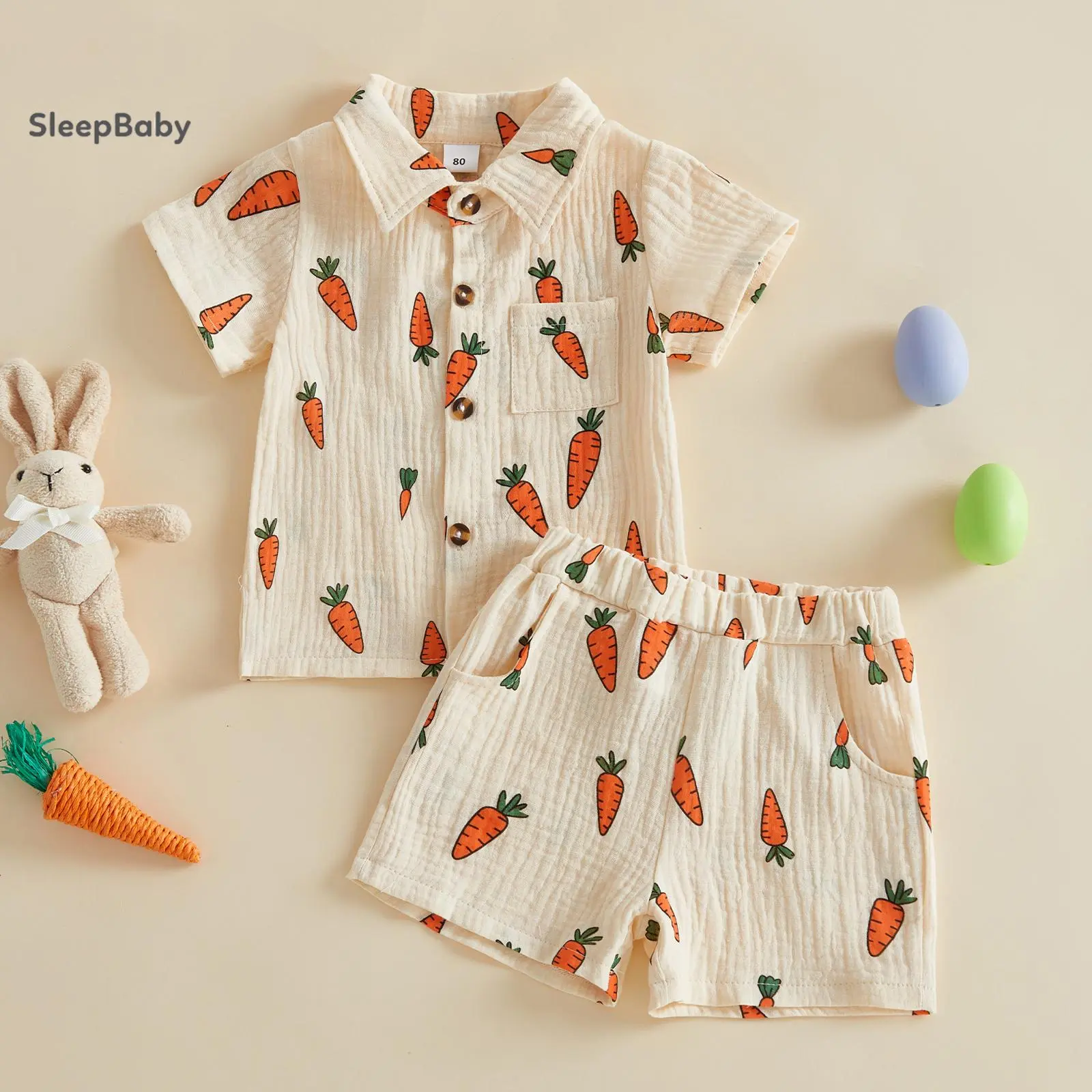 Toddler Boys' Easter 2-Piece Clothes Gift Set - Short-Sleeve Carrot Print Turn-Down Collar Shirt, Elastic Waist Pants or Shorts Outfits, Casual, Short Sleeves