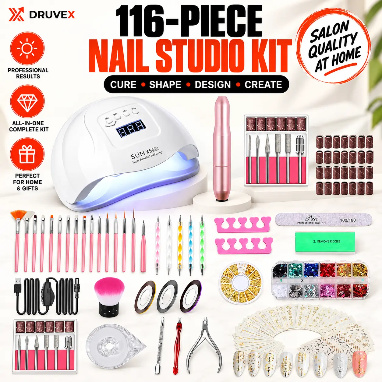 2026 Upgraded 116 PCS Portable Electric Nail Drill with 120W UV LED Nail Lamp Set, Gel Light Drill Kit, Acrylic Nails Gel Polishing Shape Tools Supplies Set, Manicure Pedicure Nail Files DIY