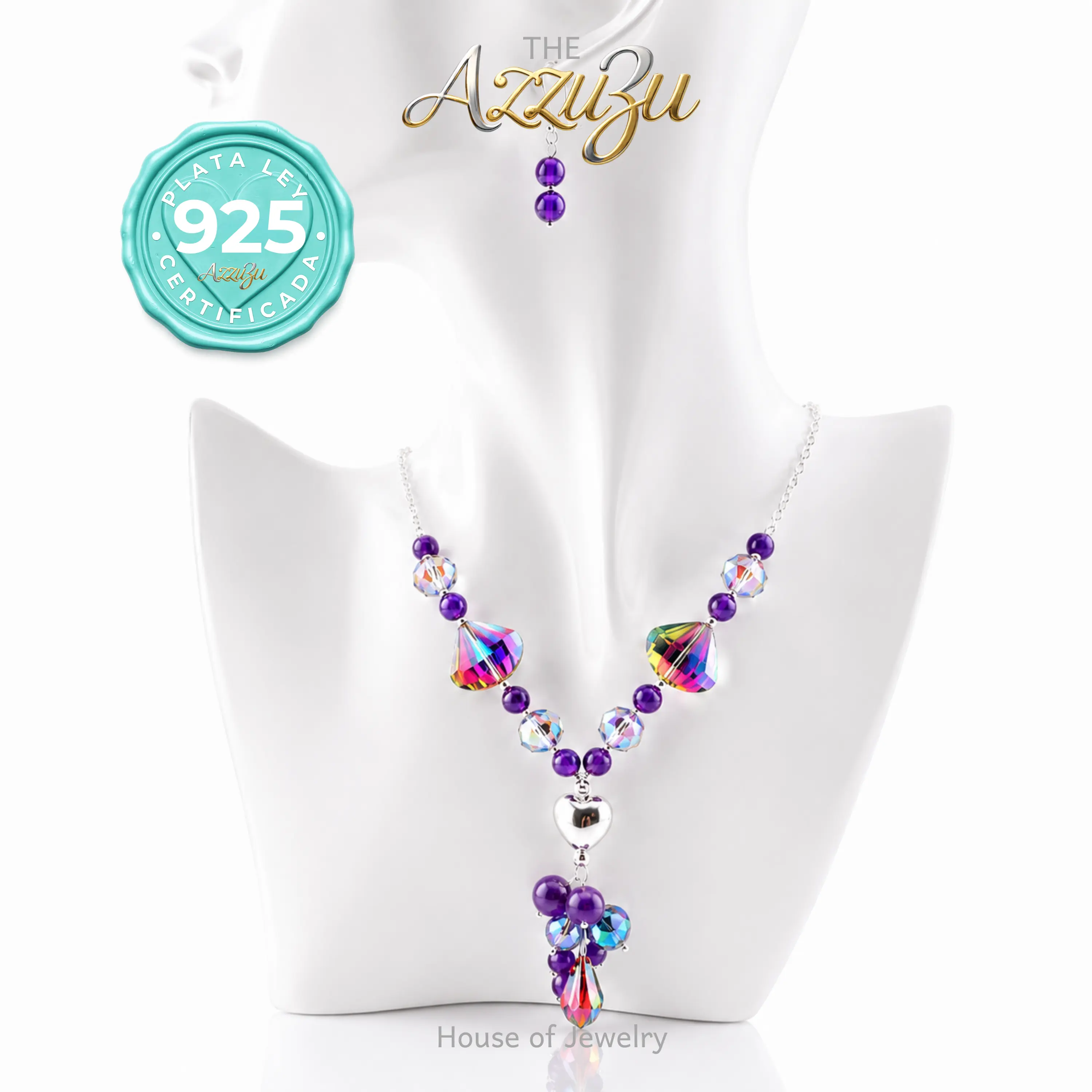 The AzzuZu Sterling Silver Natural Amethyst & Mystic Crystals "Puffed Heart" Necklace Set