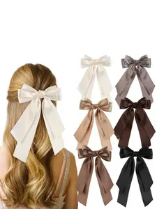 6pcs Satin Bow Hair Clips Set, Updo Tail Braid Holder Accessories, Women Girls Valentine's Day Wedding Hair Decorations, Daily Wear School Supplies