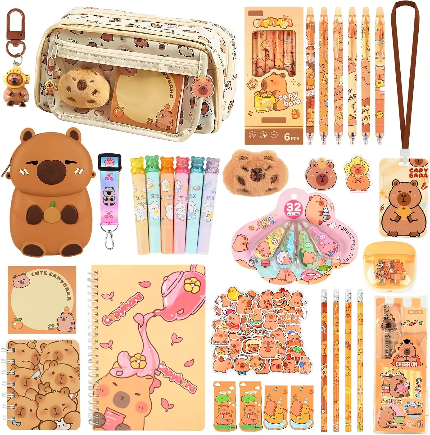 Capybara Stationery Set, Cute Capybara Gifts for Girls Capybara School Supplies with Erasable Pens,Spiral Notebook,Pencil,Stamp Pen,Plush,Sticky Note Holder,Stickers,Bookmark etc