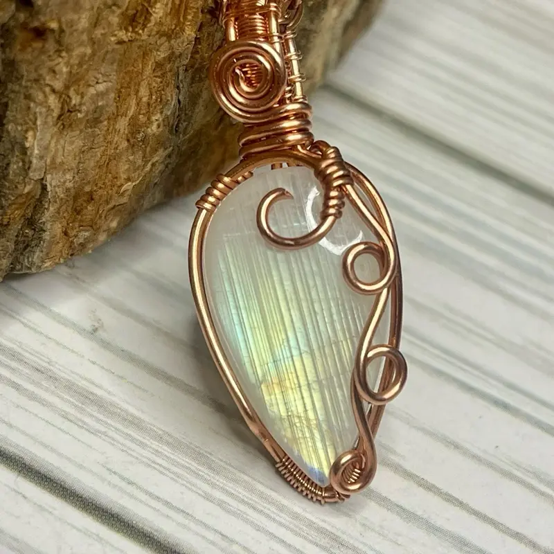 Rainbow Moonstone Serenity Design Genuine Copper Necklace, Gift Jewelry, Jewellery Pendant for Chain with Harmony Energy for Cancer Zodiac