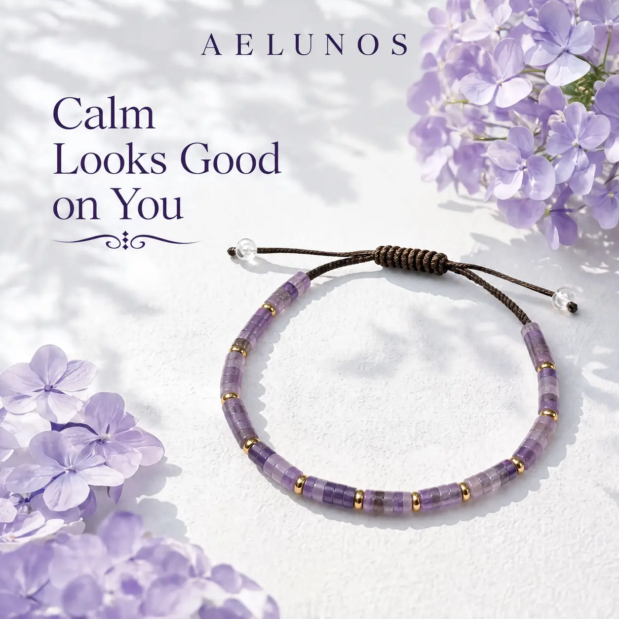 AELUNOS Amethyst Stone Healing Crystal Bracelet for Women, Adjustable Handmade Braided Cord with Heishi Beads and Gold Spacers, Dainty Minimalist Bohemian Jewelry for Daily Wear, Love & Freedom Gift for Her