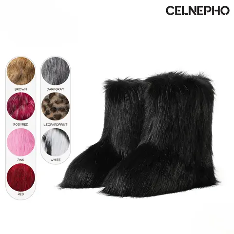 CELNEPHO Faux Fur Boots for Women Round Toe Flat Heel Mid Calf Boot Fuzzy Fluffy Easy Pull on Warm Outdoor Comfortable Snow Booties Chilly Day Gift Casual Daily Wear Fall Trendy Fashionable Dress Shoes