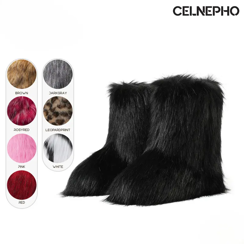 CELNEPHO Faux Fur Boots for Women Round Toe Flat Heel Mid Calf Boot Fuzzy Fluffy Easy Pull on Warm Outdoor Comfortable Snow Booties Chilly Day Gift Casual Daily Wear Fall Trendy Fashionable Dress Shoes
