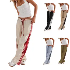 Women's Wide Leg Track Pants Drawstring High Rise Side Striped Slouchy Palazzo Pants with Pockets Clothes Chic