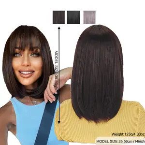 Medium-length straight hair fully machined bangs wig 14 inches Linen brown heat-resistant fiber high temperature silk wig dyeable and permable bangs synthetic wig  Linen brown Short Bob Wigs