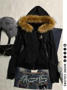 Women's Fashion Fleece Graphic Hoodie with Pockets and Drawstring, Fur Collar Coat, Street Style Casual Vintage, Holiday Gift Choice