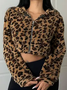 Women's Leopard Print Fleece Zip Hooded Jacket, Fashion Vintage Plush Coat, Casual Outerwear for Women, Stylish and Warm
