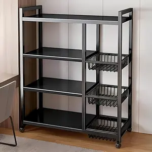 Adjustable 4-Storey Metal Shelf Rack - 1pc Movable Storage Rack With 3 Wire Baskets - Kitchen Organizer And Storage For Garage Pantry Bathroom Closet Steel Mount Carbon Steel Cubby Shelf Stainless