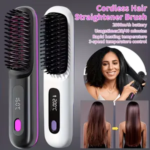 Portable Wireless Hair Straightener Comb | USB Charging, 3-speed Temperature Control, Negative Ion Technology, Long-lasting Luster, LED Display, Lightweight, Perfect for Travel, Includes Comb and Clip.