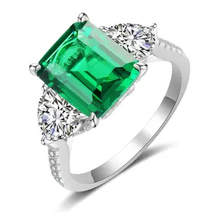 Mytys Solid Emerald Engagement Ring for Women Square Oval Cut Green Stone Anniversary Promise Ring Jewelry Gift