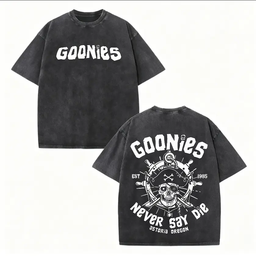 Goonies Never Say Die Retro Movie Pirate Skull Graphic Tee Vintage Washed Nostalgic Nautical Distressed Short Sleeve Casual Streetwear Astoria Oregon Print Summer Relaxed Crew Neck Unisex Top, Antibacterial, Loose-Fitting, Machine Washable, Multi-Function