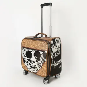 American Darling Hair-On Cowhide Trolley Bag – Genuine Leather Hand-Tooled Rolling Luggage with Multi-Compartment Interior and Telescopic Handle