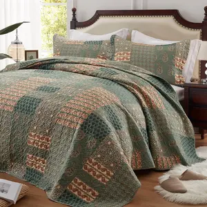 3 Pieces California King Size Set Olive Green Oversized 120x120 Inch Bedspread Coverlet Lightweight Microfiber Paisley Bed Cover for All (1, 2 Pillow Shams)