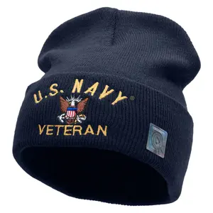 US Navy Veteran Military Embroidered Long Beanie Made in USA
