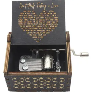Can't Help Falling in Love Music Box Black Hand Crank Vintage Wood Carved Musical Box Gifts for Lover, Boyfriend/Girlfriend/Husband/Wife/Lovers on Birthday/Valentine's Day/Anniversary Vintage Laser