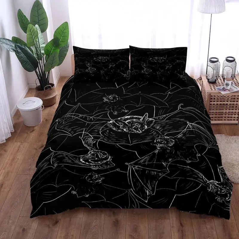 Gothic Theme Bat Print Polyester Decorative Bedding Set - 08074gothicbat 3-Piece Set with Duvet Cover, Pillow Cases - Multi-Size for King, Queen, Double, Full, Twin, Single Beds