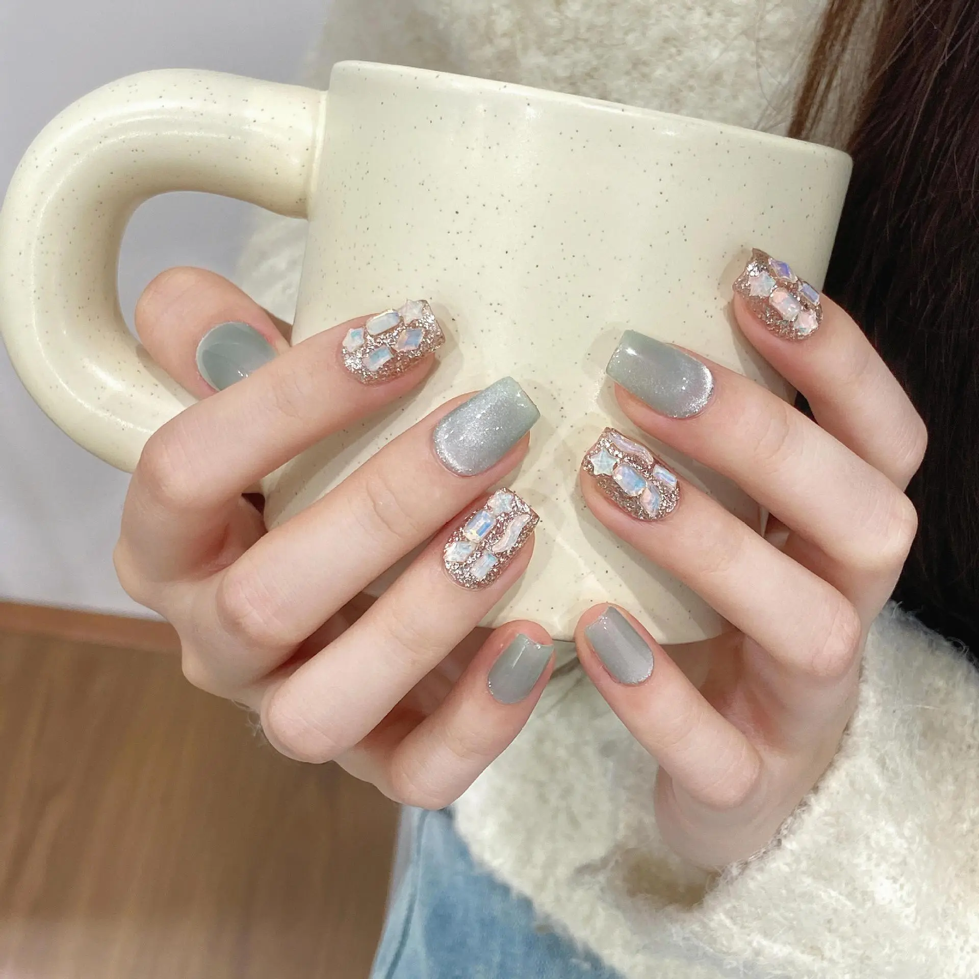 [Crystalmint] Short Square Handmade Press on Nails, Fake Nails with Nail tool kit with Jelly Stickers, Reusable, Durable