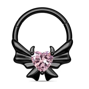 Oufer 16G Black Devil Horns Clicker Hinged Septum Ring with Pink Heart Gemstone and Wing Design Piercing Jewelry