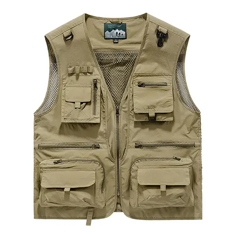 Men's Khaki Fitted Multi-Pocket Sleeveless Activewear Fishing Vest - Mesh Back, Machine Washable Outdoor Waistcoat for Hiking, Camping