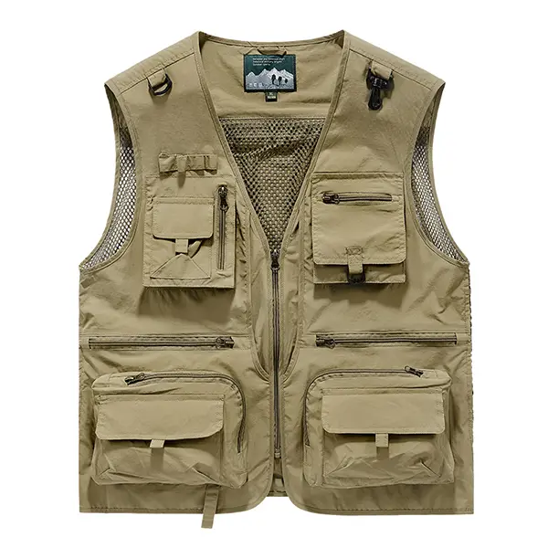 Men's Khaki Fitted Multi-Pocket Sleeveless Activewear Fishing Vest - Mesh Back, Machine Washable Outdoor Waistcoat for Hiking, Camping,sohochic