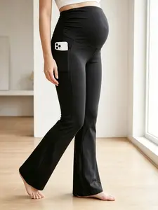 Black casual maternity trousers, spring and summer long pants with pockets, comfortable work pants, flared wide-leg leggings, maternity wear suitable for gatherings and office wear in summer