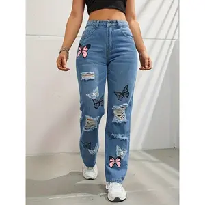 Waisted Straight Leg Jeans for Women Trendy Butterfly Print Ripped Distressed Denim Pants