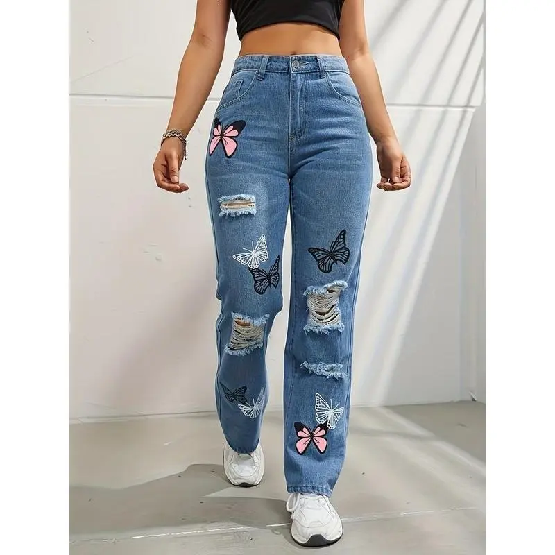 Women's Waisted Straight Leg Denim Bottoms, Trendy Butterfly Print Ripped Distressed Streetwear Jeans with Pockets for Lady Female (Sports & Outdoor Clothing)