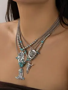 Boho Turquoise Denim Necklace Set, Includes Cowboy Boots Skull Hat Feather Pendant, Punk Street Fashion Unisex Jewelry Pendant Design