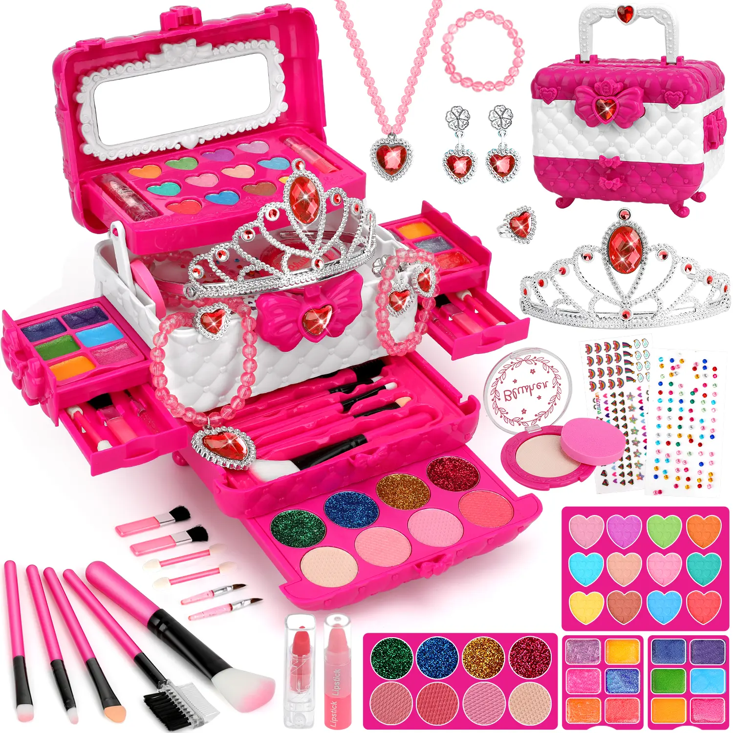 56Pcs Kids Makeup Kit for Girls - Washable Real Makeup Set, Pretend Play Cosmetics Toys, Princess Dress Up Gifts for 3 4 5 6 7 8 9 10 11 12 Year Old