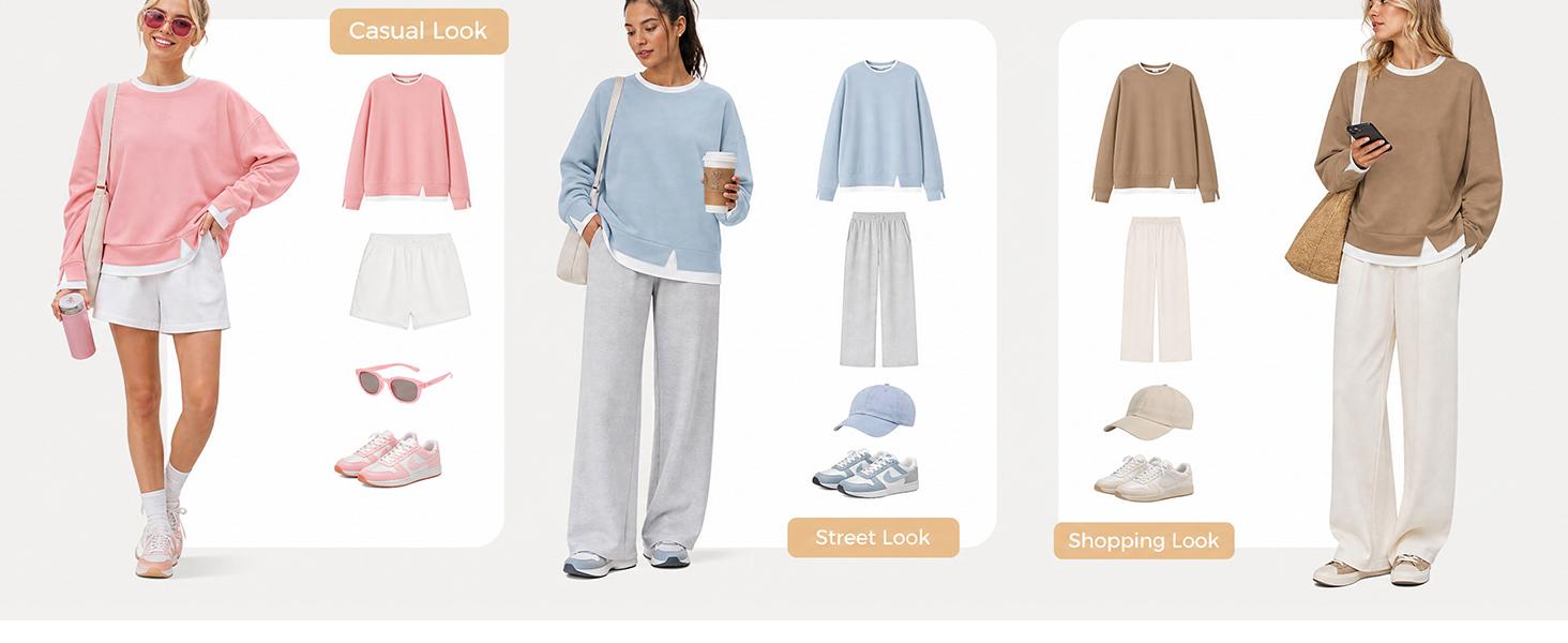 Fisoew Women's Fake Two Piece Layered Sweatshirt, Crew Neck White Ribbed Cuff & Hem Patchwork Drop Shoulder Oversized Long Sleeve Pullover Top Hoodie Hoodie Fit Casual