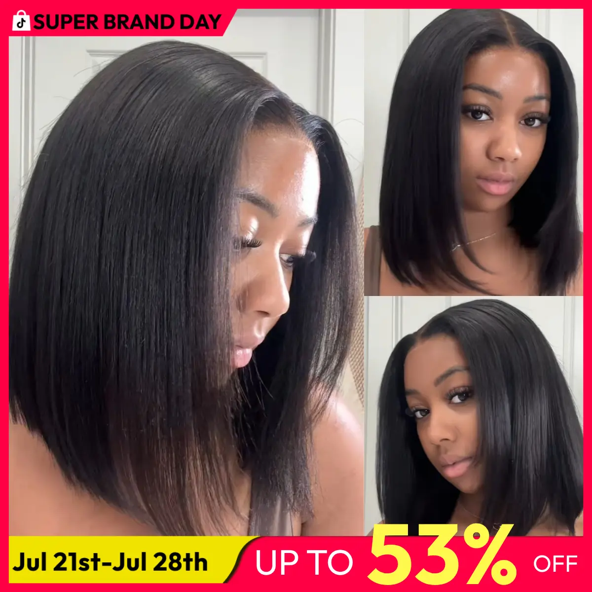 UNice Glueless Yaki Straight Short Bob Wig with Drawstring Pre-cut 7x5 HD Lace Human Hair Wigs with Bleached Knots Beginner Friendly Natural Hairline Summer Wig Super Brand Day