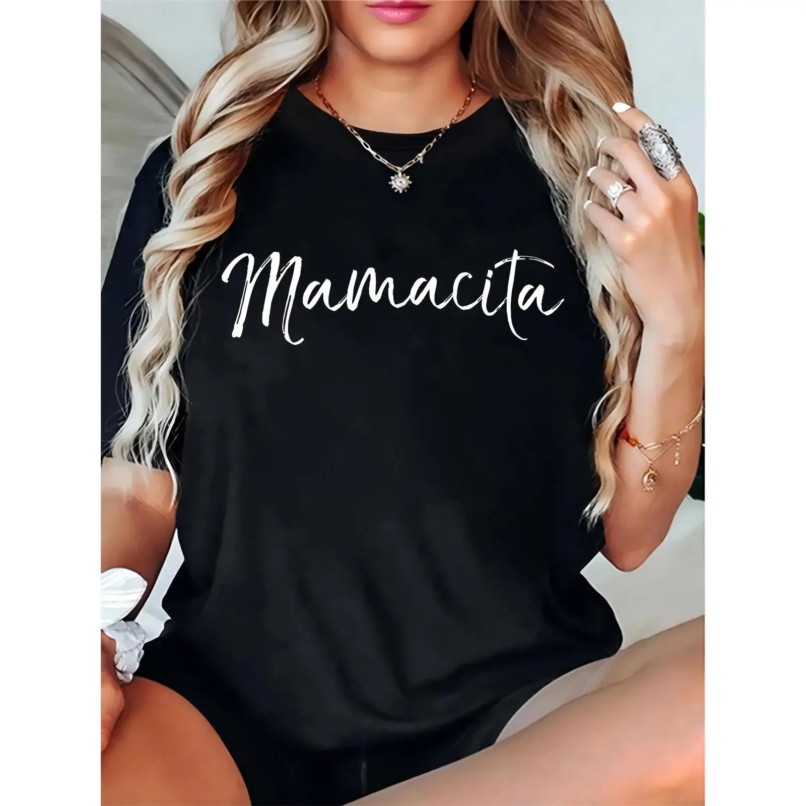 Women's Black 'Mamacita' Cursive Text T-Shirt Casual Daily Wear Mother's Day Gift for Stylish Moms & Latinas
