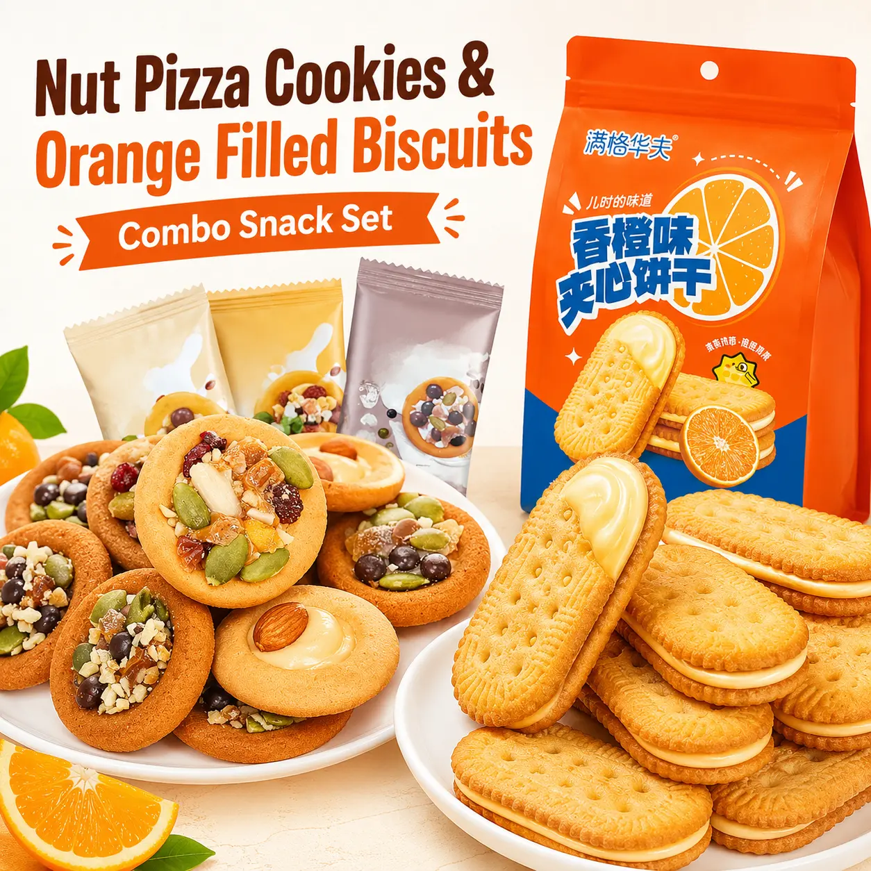 Nutty Pizza Crisps & Orange Cream Crunchy Sandwich Cookies Variety Pack - Savory Nut-Piece Pizza Crackers, Zesty Sweet Cream Biscuits, Individually Wrapped Snacks for Lunch Box, On-the-Go