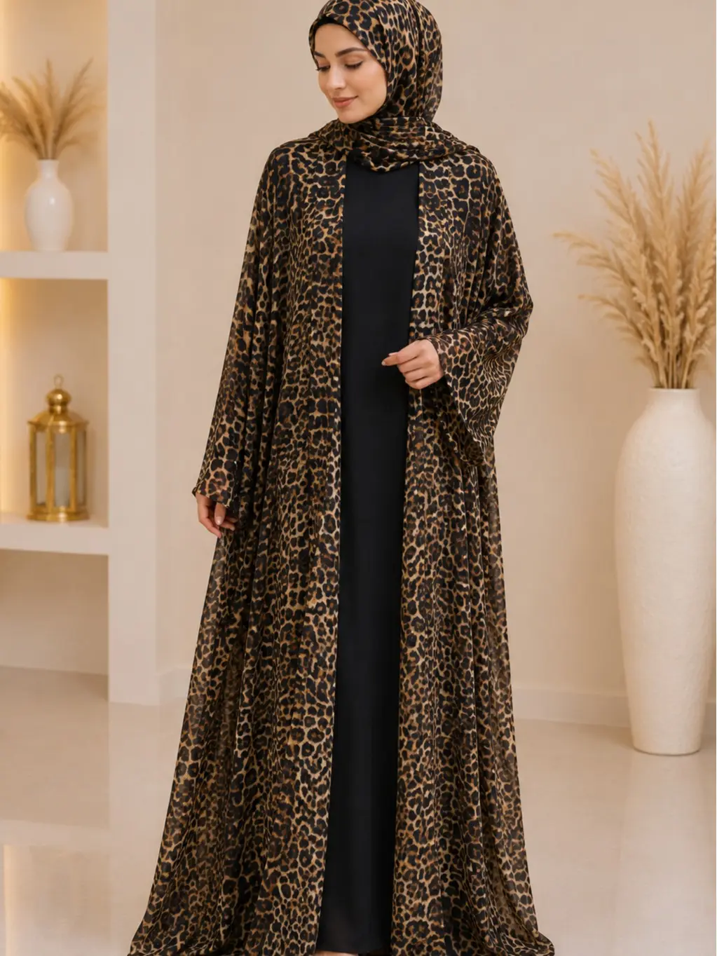 Women's Golden Brown Leopard Print Chiffon Kimono Abaya - Size 56, Full Sleeves, Open Front, Year-Round Animal Print Outfit with Matching Hijab and Black Inner Dress