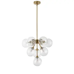 Modern 10-Light Chandelier with Swirl Clear Glass Globes and Brass Finish