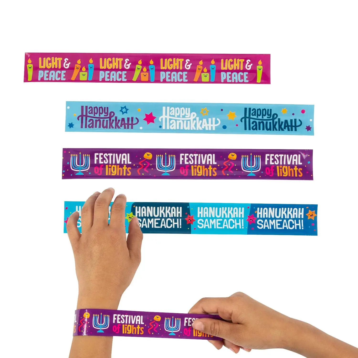 12-Pc. Hanukkah Slap Bracelets - Happy Hanukkah Unique Bright Colors Party Favors, Gifts for Kids