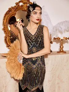 Women's Flapper Dresses 1920s V Neck Beaded Fringed Great Gatsby Dress party maxi