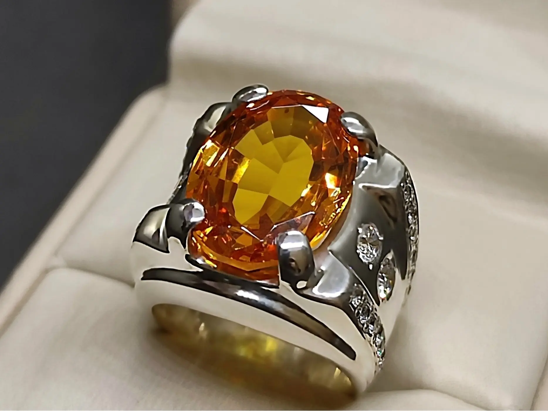 18 Carat Oval Cut Dark Deep Yellow Citrine Sterling Silver 925 Handmade Men's Heavy Channel Set Ring