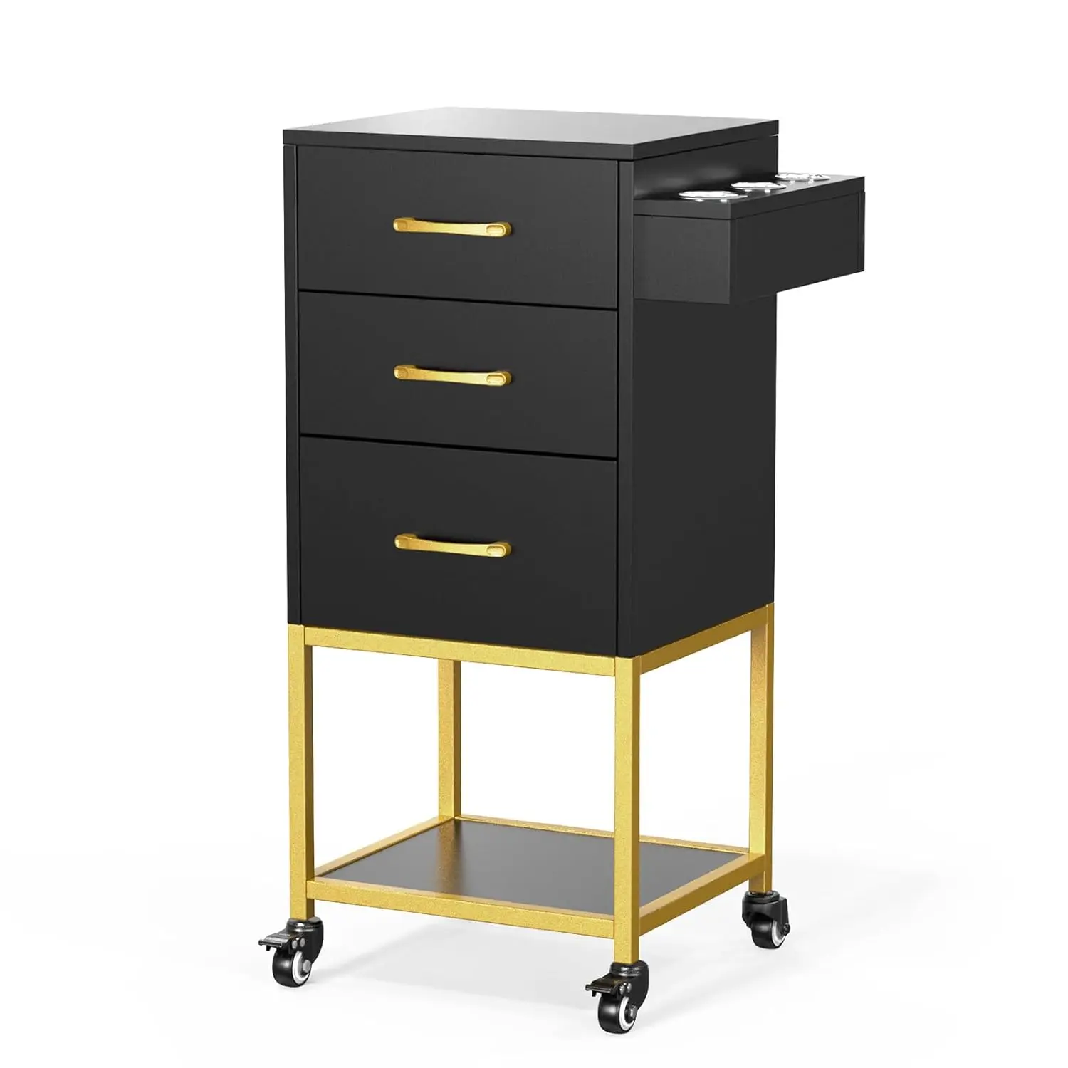 OmySalon Durable Wood Salon Storage Trolley Cart - Adjustable Aluminium Station with 4 Sturdy Casters, Heat-Resistant Heat-Safe Holders, 2 Side Tool Holders, Drawer, 13.8"d x15.7"w x35.8"h, 48.5 lbs, Stylist Organizer for Spa Barbershop