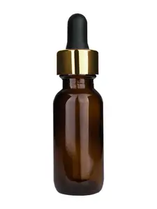Boston Round Amber Bottle - 15ml (Multiple Dropper Colors): Shiny Gold, Black Dropper