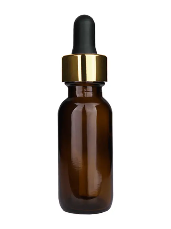 Boston Round Amber Bottle - 15ml (Multiple Dropper Colors): Shiny Gold, Black Dropper