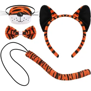 Tiger Costume Set, Tiger Ears and Tail Set with Ears Headband Tail Nose Bowtie for  Costume  Birthday Party Halloween Fancy Dress Party Supplies, B