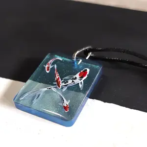 Pendant Resin Hand Painted Koi Fish Large Blue Glitter One-of-a-Kind Jewelry