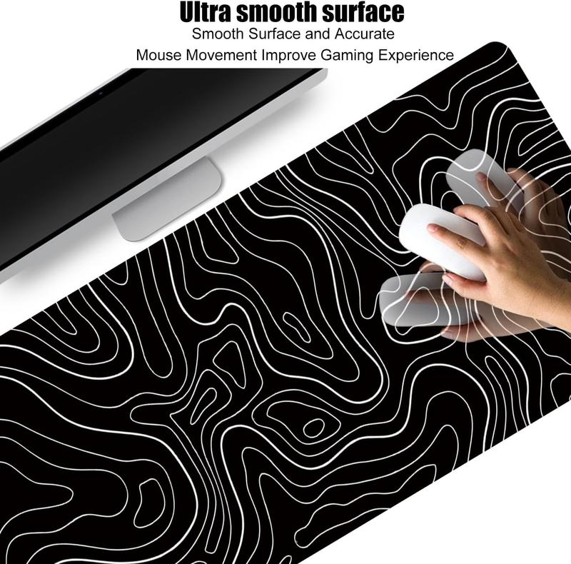 Large Gaming TOPO Keyboard  Pad Black and White Topographic  Pad with Anti-Slip Rubber Base, Extended XXL Long Gaming Mousepad Big  Pads for Desk,31.5 X 11.8 Inch