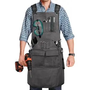 Woodworking Apron for Men, Shop Apron 20 oz Canvas Work Apron with 9 Tool Pockets, Wood Working Workshop Bib Apron for Carpenter Woodworker, Men Gift, to S- 3XL, Grey
