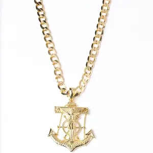Jesus Cross Anchor Pendant Cuban Link Chain 8MM 14K Gold Plated 20" & 22" Necklace for Men