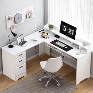 HOMBCK L Shaped Desk with 3 Drawers, 60 inch L Desk with Moveable Hutch and Power Outlet, Large Home Office Corner Computer Desk with Storage File Cabinet